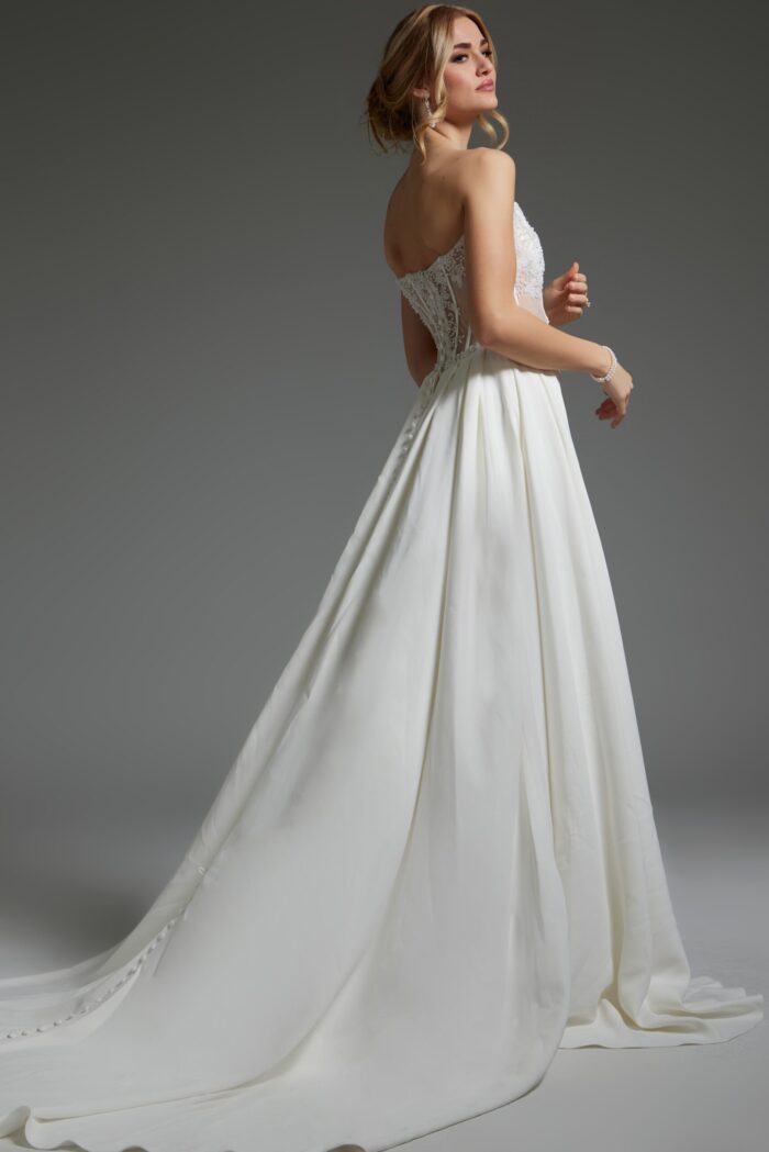 Back view of Jovani JB37128 ivory dress with buttoned closure and long train.