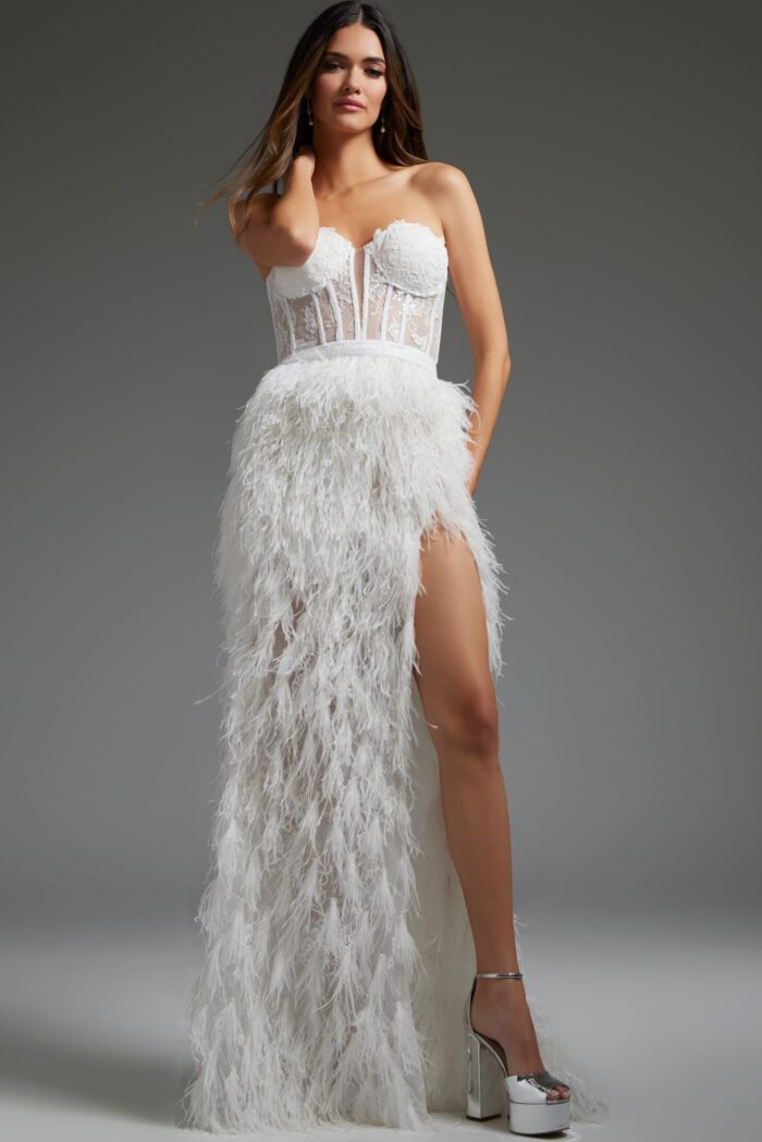 Model wearing Jovani JB37327 elegant white dress with sweetheart neckline and feather detail