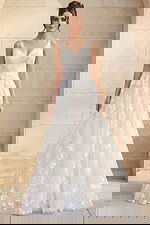 romantic a line wedding dress with deep v back and textured lace detailing