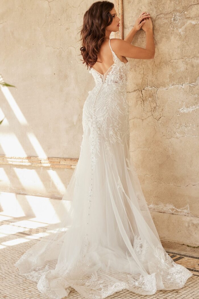 Front view of model wearing Jovani JB37532, showcasing ivory gown with lace details.