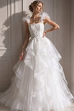 ivory beaded tiered ruffle ballgown wedding dress with square neckline and ruffled straps, front view, Jovani Bridal style JB37575