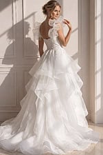 ivory beaded tiered ruffle ballgown wedding dress with square neckline and ruffled straps, front view, Jovani Bridal style JB37575