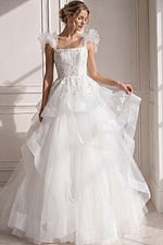 ivory beaded tiered ruffle ballgown wedding dress with square neckline and ruffled straps, front view, Jovani Bridal style JB37575