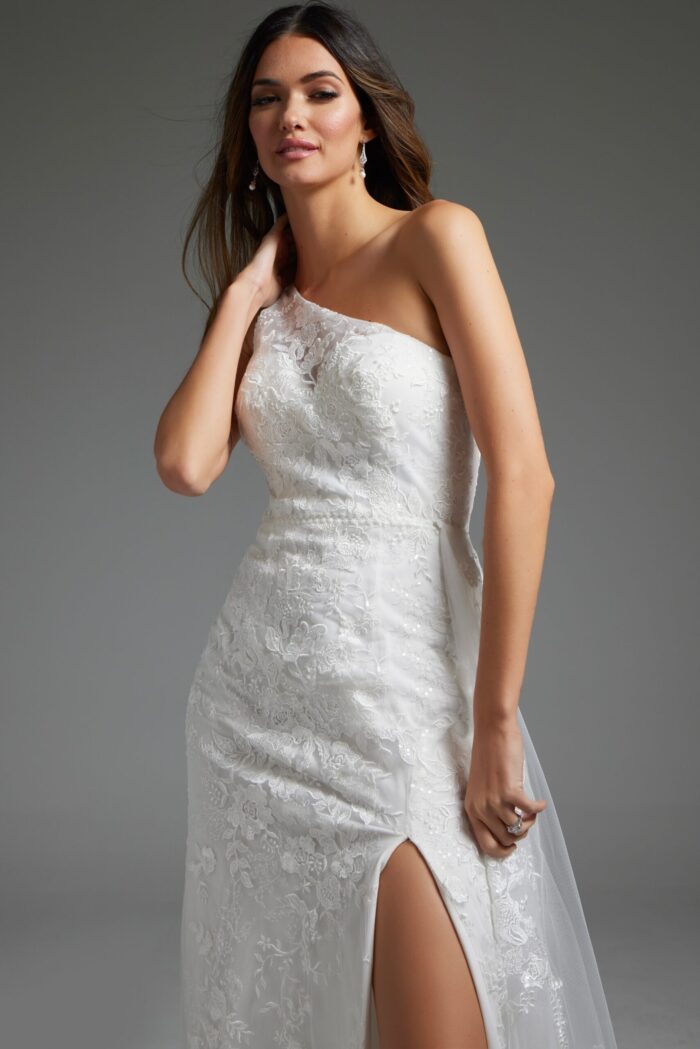 Close-up of model in Jovani JB37601 dress highlighting one-shoulder design.