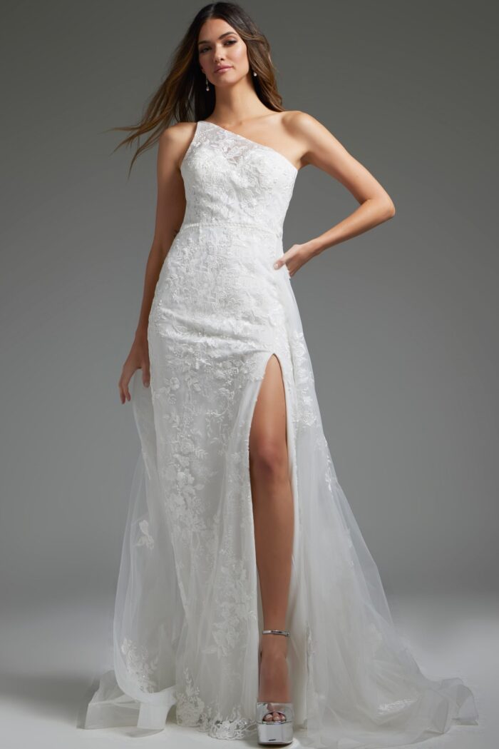Model wearing Jovani JB37601 white gown with one-shoulder and high slit.