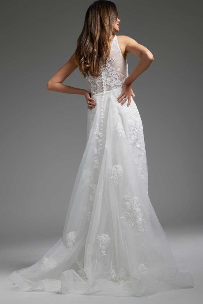 Back view of Jovani JB37601 gown with intricate lace and button details.