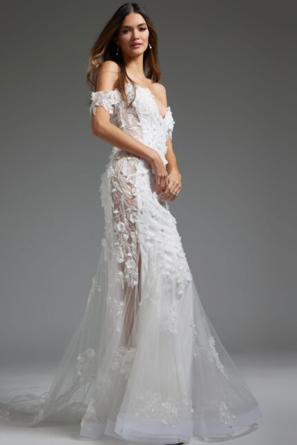 model wearing JB38224 white dress with floral appliqués and off-shoulder neckline, front view