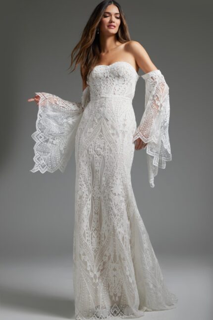 model wearing Jovani jb39162 white gown with sweetheart neckline and lace detailing
