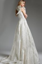 Model wearing Jovani JB39218 elegant white dress, back view.