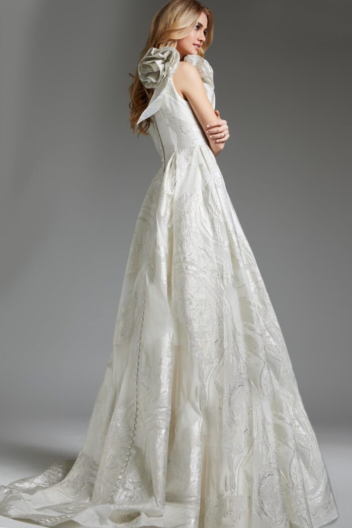 Model wearing Jovani JB39218 elegant white dress, back view.