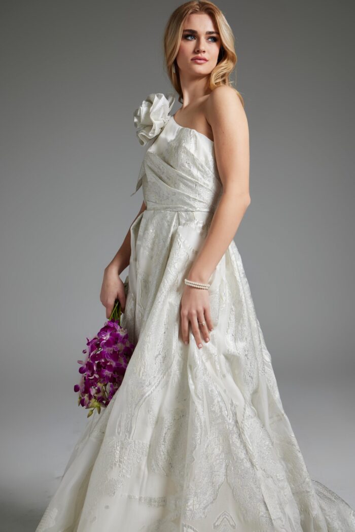 Model wearing Jovani JB39218 elegant white dress, front side view.