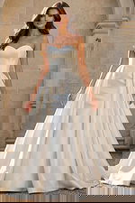 Front view of a strapless sweetheart bridal gown with structured bodice and full pleated satin skirt.