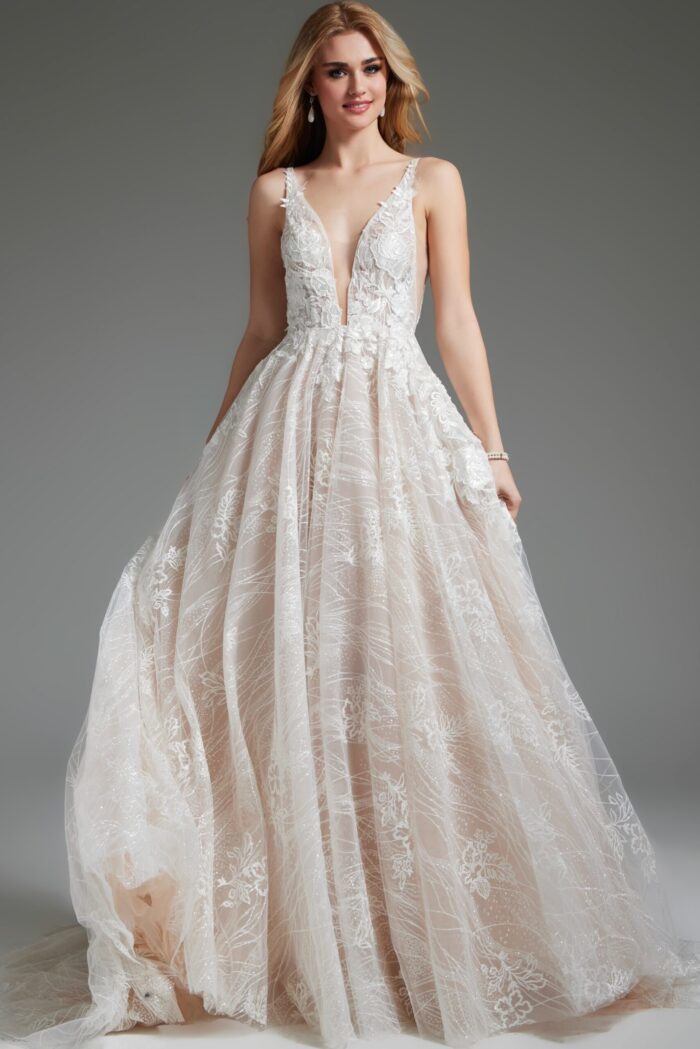 Model wearing Jovani 39435, front view of ivory gown with floral lace and plunging neckline.