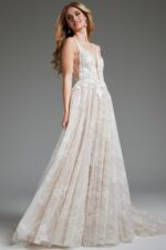 Model wearing Jovani 39435, front view emphasizing the flowing A-line skirt and lace overlay.