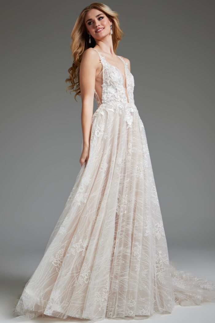 Model wearing Jovani 39435, front view emphasizing the flowing A-line skirt and lace overlay.