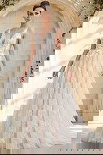 sheer floral lace ball gown with deep v neckline and embroidered straps