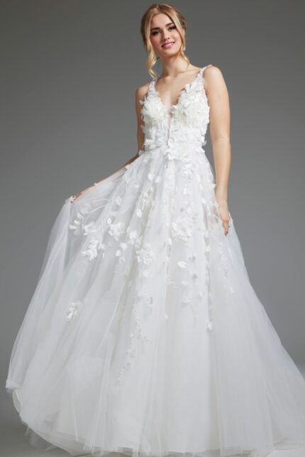 Model wearing Jovani JB40511 ivory gown, front view, with floral appliqués and V-neckline.