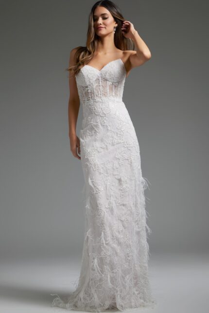 model wearing Jovani JB40590 front view white lace gown with floral details