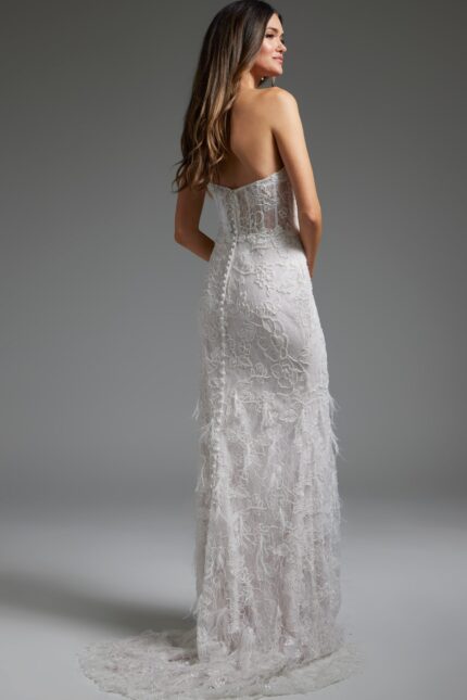 model wearing Jovani JB40590 back view white lace gown with low scoop