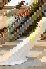 Back view of fitted gown with dramatic tulle sleeves and button train