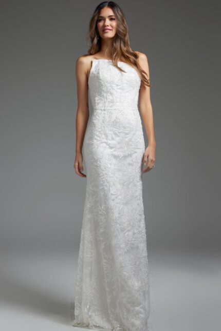 Model wearing JB40608 elegant white gown, front view with strapless neckline and delicate lace detailing