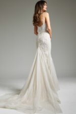 back view of Jovani JB40631 ivory gown with intricate applique and tulle skirt