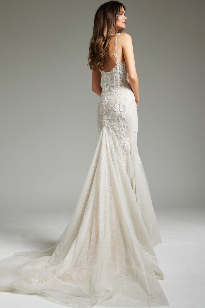 back view of Jovani JB40631 ivory gown with intricate applique and tulle skirt