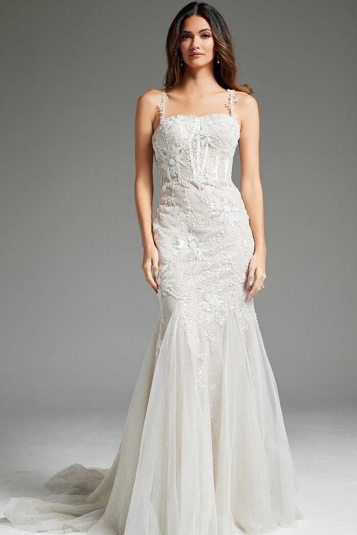 Ivory Floral Appliques V Neck Bridal Dress JB07311 | Jovani