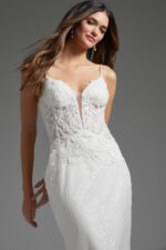 Close-up of model in Jovani JB40639, showing intricate lace and sequin details in ivory at the front.