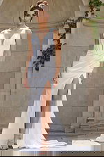 Sleek V neck bridal dress with high slit and draped satin skirt