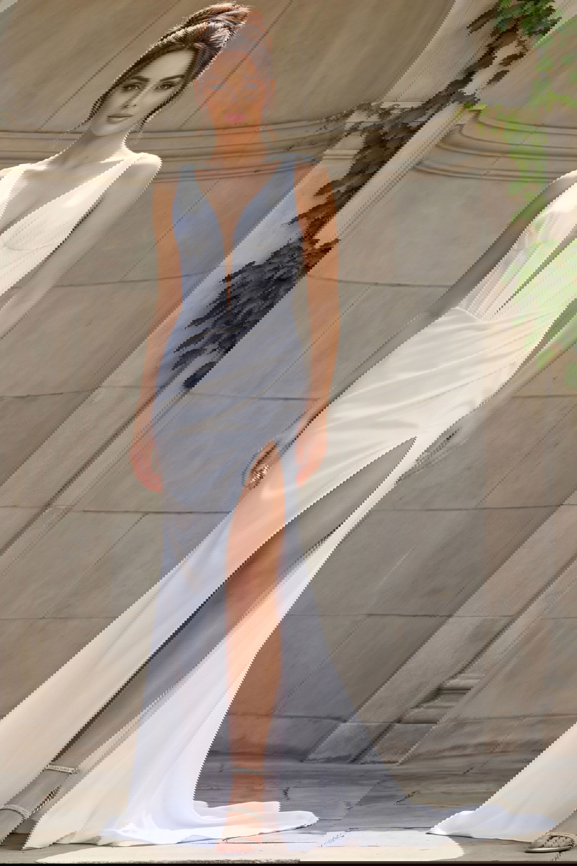 JB40782-1-h Sleek V neck bridal dress with high slit and draped satin skirt