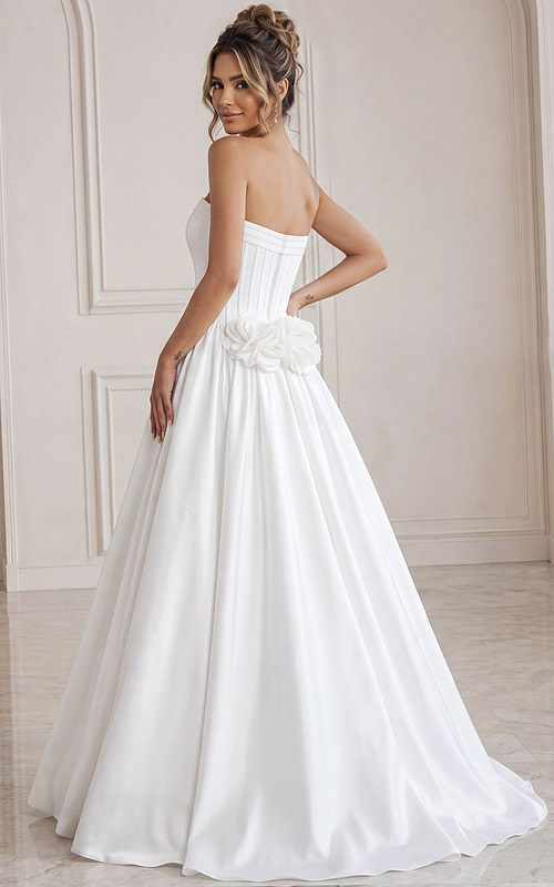 ivory floral lace A-line wedding dress with strapless sweetheart neckline and glitter tulle skirt, front view, Jovani Bridal style JB40784