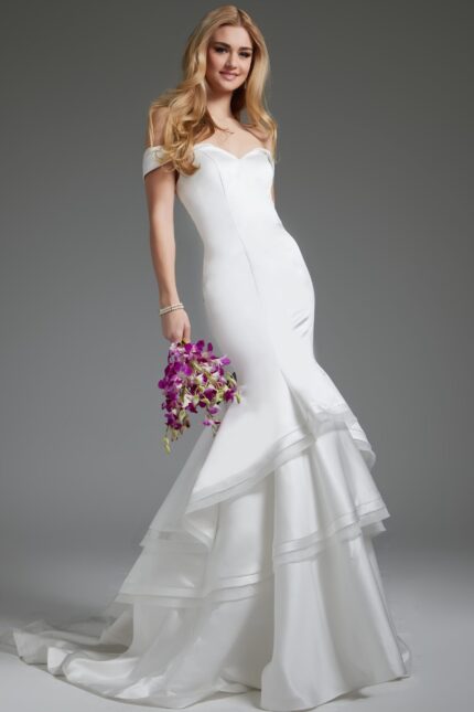 Model wearing Jovani JB40790 white mermaid gown with off-the-shoulder neckline