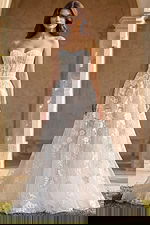 Embroidered floral strapless wedding dress with sheer corset bodice and full skirt