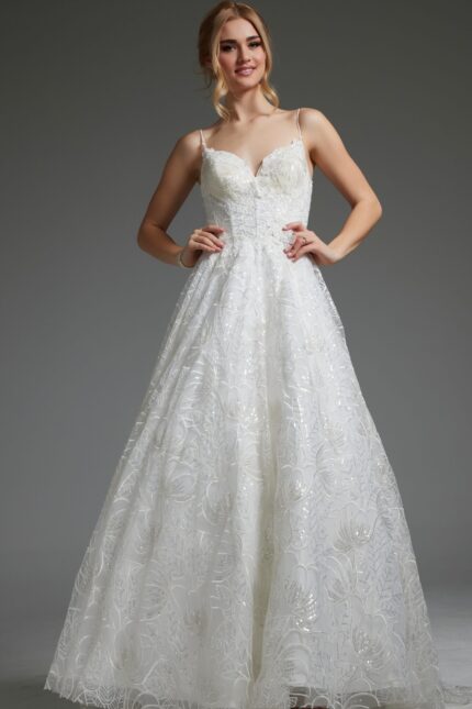 Model wearing Jovani JB422225 ivory gown with lace embroidery and sweetheart neckline, front view.