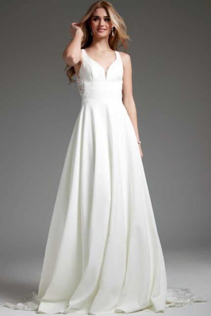 Model wearing Jovani JB42294 ivory dress, front view, featuring a V-neckline and A-line silhouette.
