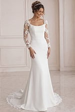 ivory satin fitted mermaid wedding dress with scoop neckline and sheer floral lace long sleeves, front view, Jovani Bridal style JB42297
