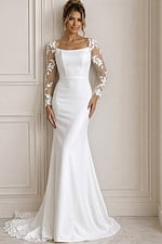 ivory satin fitted mermaid wedding dress with scoop neckline and sheer floral lace long sleeves, front view, Jovani Bridal style JB42297