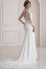 ivory satin fitted mermaid wedding dress with scoop neckline and sheer floral lace long sleeves, front view, Jovani Bridal style JB42297