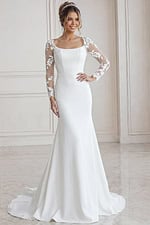 ivory satin fitted mermaid wedding dress with scoop neckline and sheer floral lace long sleeves, front view, Jovani Bridal style JB42297