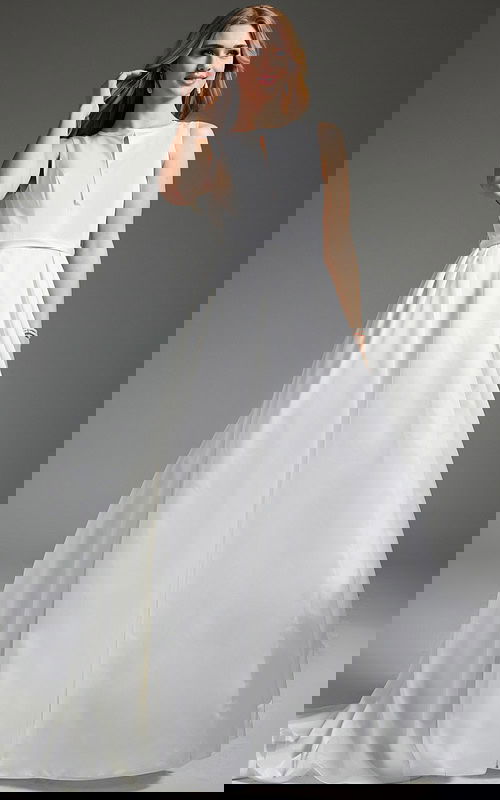 Model wearing JB42319 ivory dress, front view with round neckline and A-line silhouette