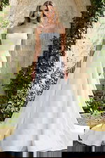 strapless satin bridal gown with full A line skirt and clean modern silhouette