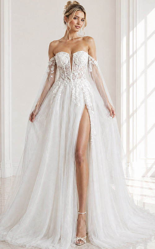 ivory floral lace A-line wedding dress with off the shoulder tulle cape sleeves and sheer corset bodice, front view, Jovani Bridal style JB42480