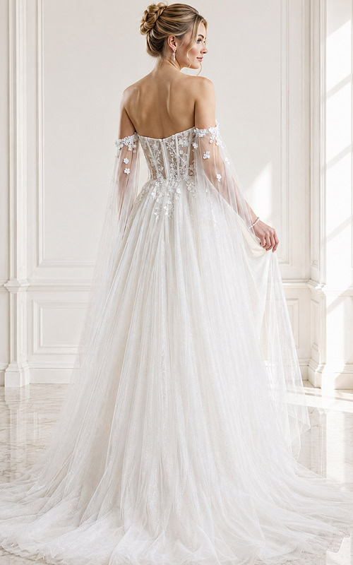 ivory floral lace A-line wedding dress with off the shoulder tulle cape sleeves and sheer corset bodice, front view, Jovani Bridal style JB42480