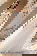 Off shoulder bridal gown with sheer tulle drape sleeves and lace lace up back