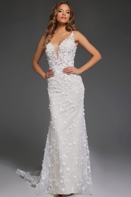 Model wearing Jovani JB42483 front view of white gown with floral embellishments.