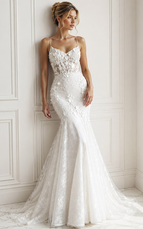 ivory 3D floral lace fitted mermaid wedding dress with V neckline, spaghetti straps and tulle cape train, front view, Jovani Bridal style JB42484