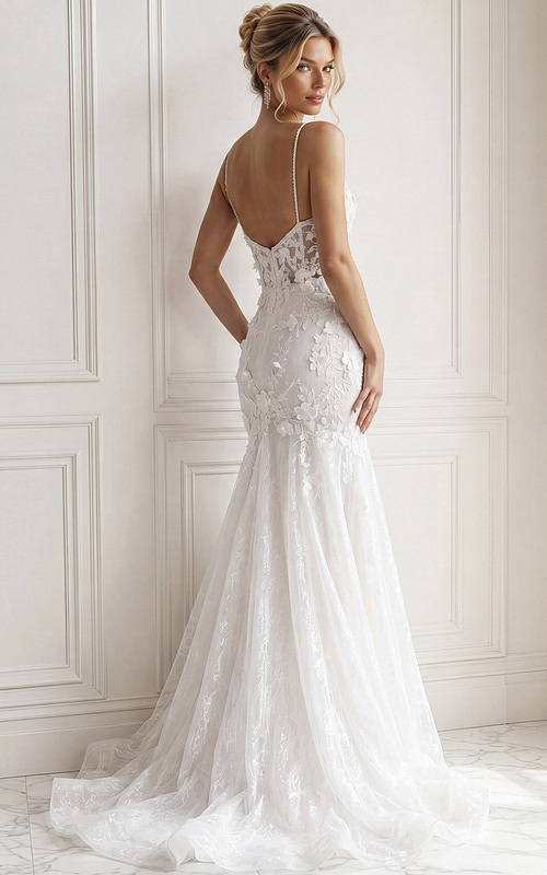 ivory 3D floral lace fitted mermaid wedding dress with V neckline, spaghetti straps and tulle cape train, front view, Jovani Bridal style JB42484