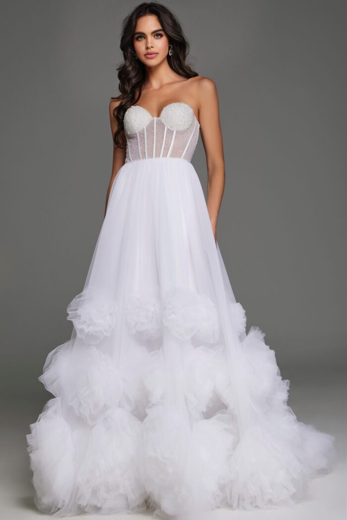 Model wearing Jovani JB42782 front view with a strapless sweetheart neckline and tulle ruffle skirt.