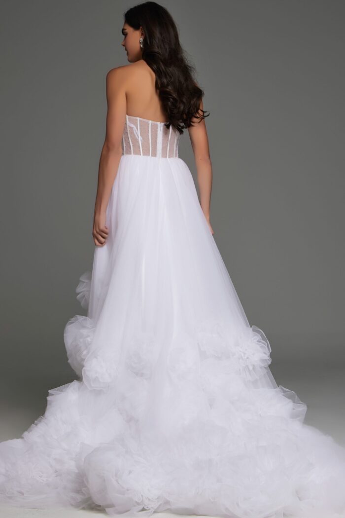 Model wearing Jovani JB42782 back view showing the tulle ruffle skirt detail.